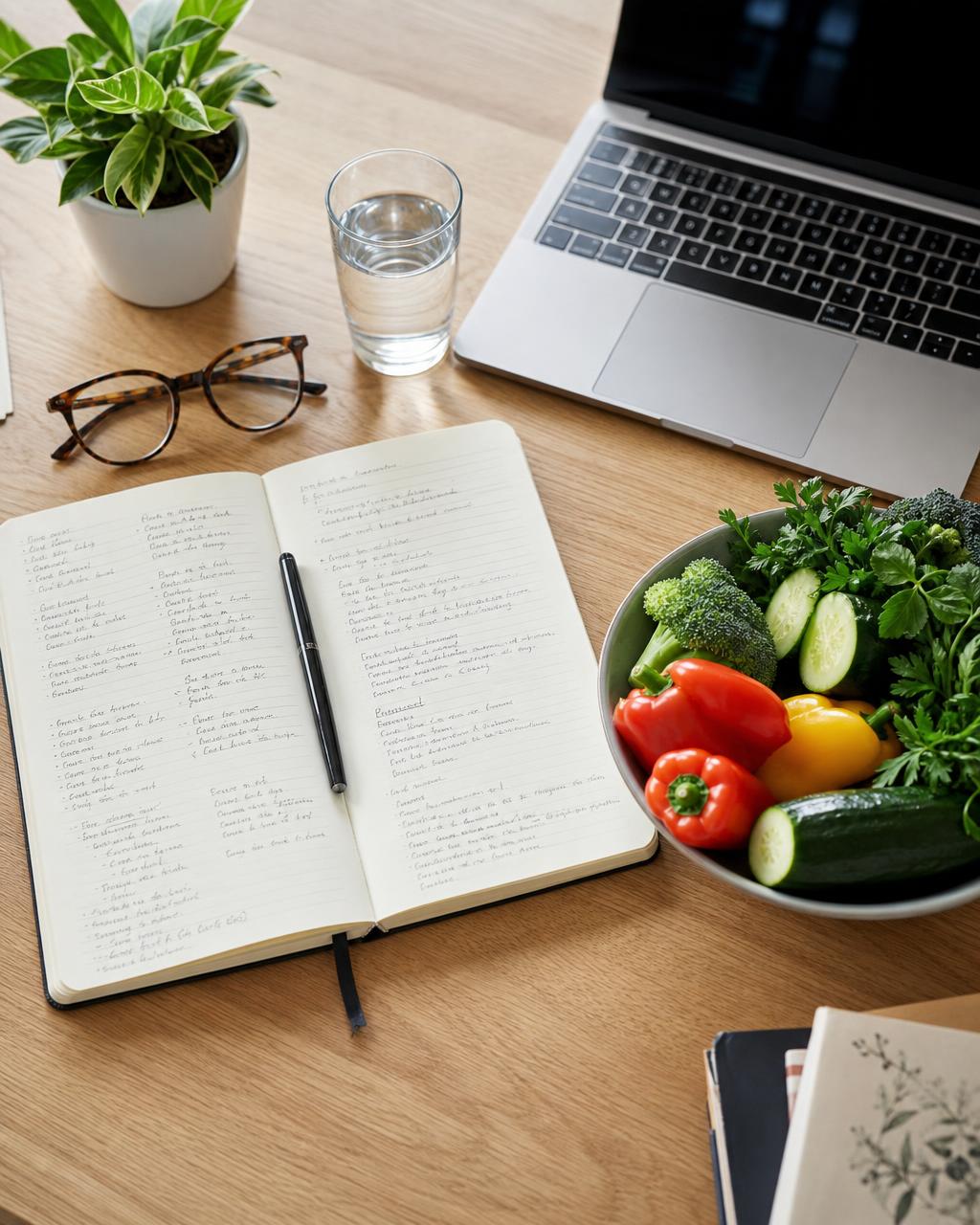 Elizabeth Lee Wallace's nutrition workspace with whole foods and study notes
