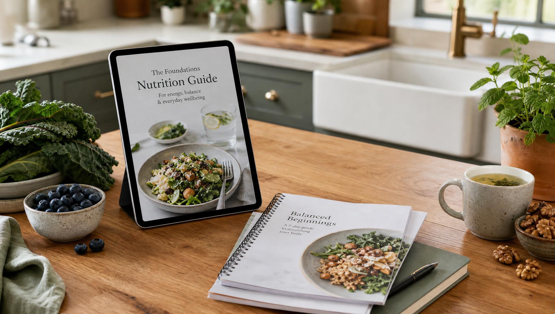 Tablet showing a nutrition guide beside printed wellness workbooks, fresh greens, blueberries and herbal tea on a wooden kitchen counter