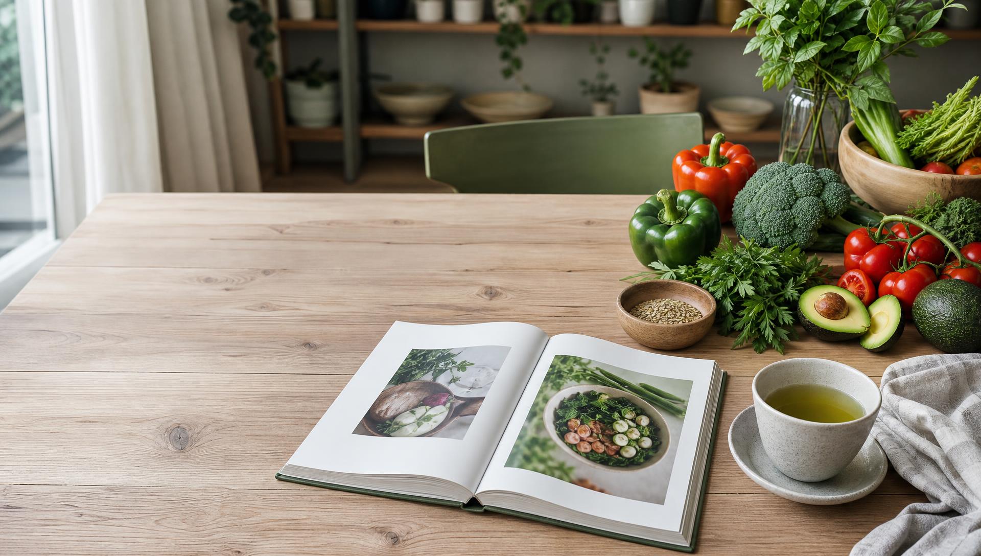 Open nutrition book on a light wooden table beside fresh peppers, broccoli, tomatoes, avocado and a cup of green tea